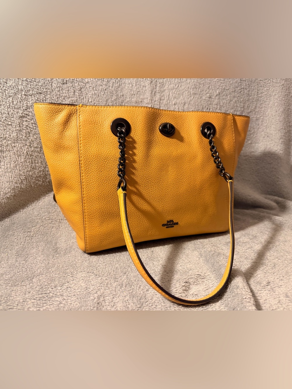 Coach Turnlock Mustard Yellow Leather Chain Tote No. 27 w/ Gunmetal Hardware - Picture 2 of 15